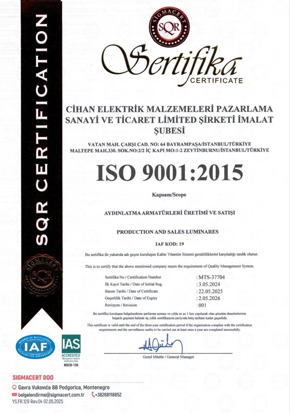 ISO 9001:2015 Kalite Yönetim Sistemi Belgesi belgesi